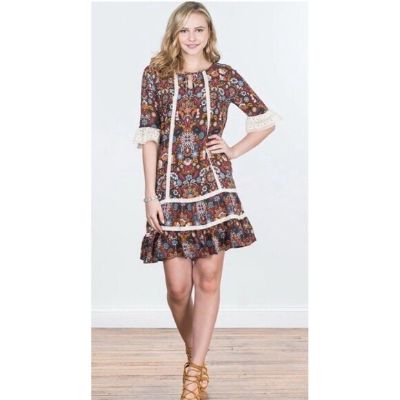 NWT MATILDA JANE Womens Intermission Brown White Lace Floral Boho Dress Sz Small - Picture 1 of 9
